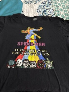 Marvel Black Spider-Man Retro Pixel Graphic Tee with Multicolor Design